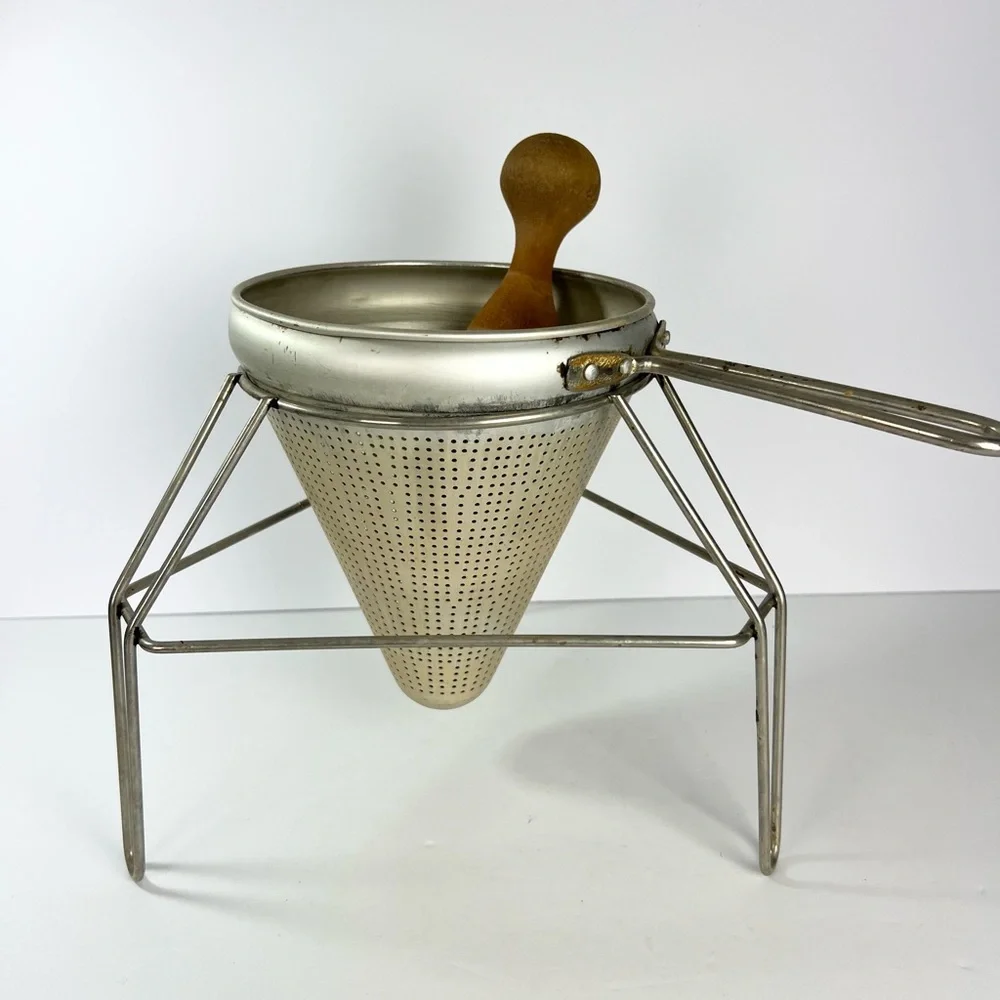 Vintage Cone Sieve Pestle and Stand‎ aluminum metal Juicer strainer Canning